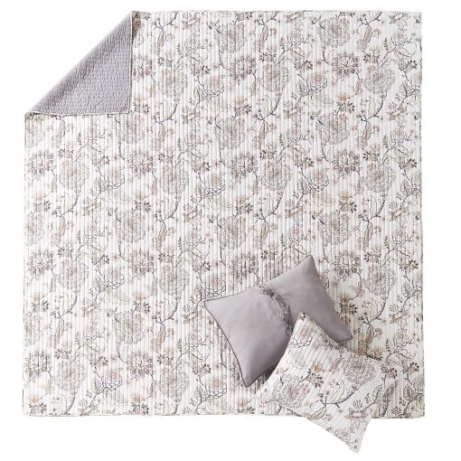 Juego de Colcha Levtex Home - Ophelia - Colcha y Dos Fundas Estandar - Floral - Gris Taupe Crema Rosa - Colcha (90x94 pulg.) y Fundas (20x26 pulg.) - Reversible - Rayon/Algodon - Imagen 6