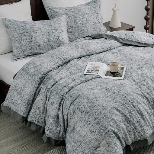 Juego de Edredon de Algodon DUOHONG Tamaño King, Suave y Esponjoso Juego de Ropa de Cama de Lujo, Edredon Transpirable Similar a una Nube y Acolchado para Cama King, Todas las Estaciones, 3 Piezas, Alternativa de Plumas, Gris - Imagen 5