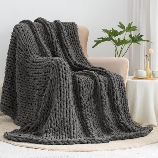 Manta de Punto Grueso Carriediosa 60" X 80" Twin, 100% Hecha a Mano con Gran Bucle de Chenille Suaves y Esponjosas para Sofa Cama, Manta Gruesa de Cable Tejida Acogedora, Gris Oscuro - Imagen 8