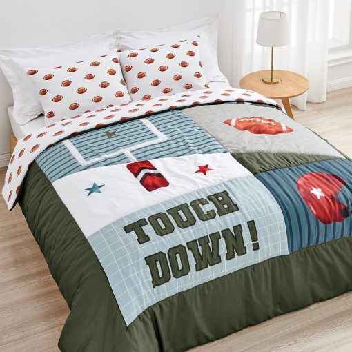 Set de Edredon Individual para Nino Sweet Jojo Designs American Football MVP, Ropa de Cama de 4 Piezas en Tamano Individual para Ninos Adolescentes y Universidad Habitacion de Dormitorio Colegio Estilo Deportivo Verde Cazador Azul Rojo Casco Vintage Campo de Futbol Gemelos Grises Marrones Estrellas