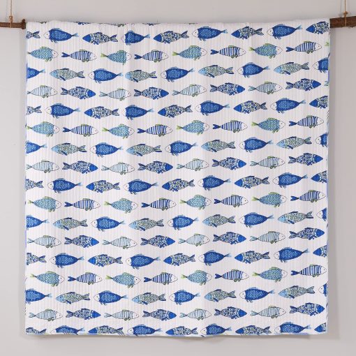 Juego de Edredon Levtex Home - Catalina - Edredon Tamano Completo/Queen (88x92in.) + Dos Fundas de Almohada Estandar (26x20in.) - Patron a Rayas Costeras en Azules y Verdes - Reversible - Tela de Algodon - Imagen 6