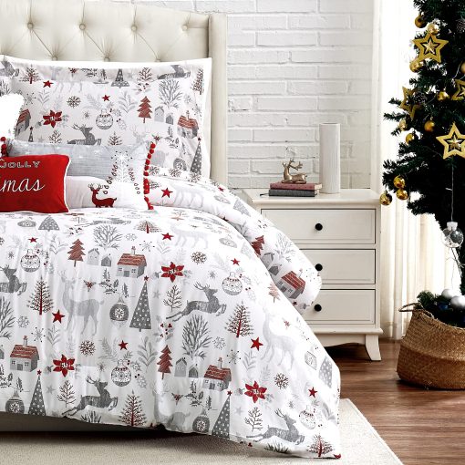 Set de Edredon navideño Southshore Fine Living, tamaño King con Fundas de almohada, Juego de Ropa de Cama navideña, Set de Edredon King/California King de 3 Piezas, arbol de Navidad y Reno Feliz Navidad, Rojo y Blanco - Imagen 8
