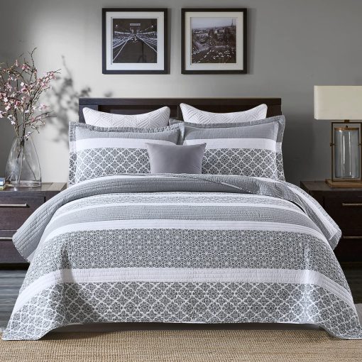 Juego de Colchas King Size DUOHONG - Juego de Colchas de Cama King, Juego de Ropa de Cama de Colchas de Algodon 100% para Cama King, 3 Piezas Colcha Reversible Acolchada Ligera, Gris Azulado