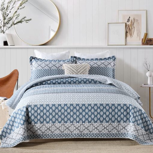 SahSahCasa Quilt King Size, Juego de Edredon King, 100% Algodon Edredon Floral, Juego de Edredon King, Colchas de Cama, Colchas Reversibles Acolchadas Ligeras para Todas las Estaciones, Azul/Gris, 3 Piezas