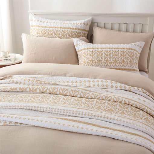 Juego de Colcha Boho Cinefoso, Colcha Tamano Queen 100% Algodon Juego de Edredon Bohemio con Estampado de Rayas Ligero Juego de Cama Reversible Cubrecamas de Cama Reina para Todas las Estaciones, Beige 3 Piezas - Imagen 4