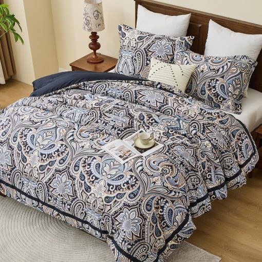 Juego de Edredon Damasco Paisley PlushVibes - Juego de Reversible de Cama de Lujo Tamano Queen 100% Algodon, Ligero 400TC con 2 Fundas para Almohadas, Negro Beige Marron - Todo el Ano 90"x90"