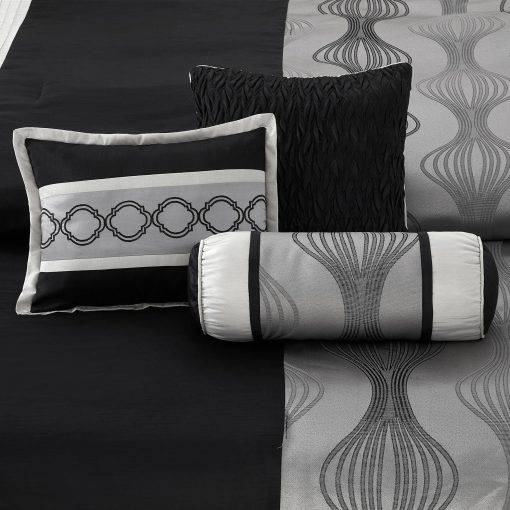 Juego de Edredon California King LANCO MODERN LIFESTYLE, Negro Plata, 7 Piezas en un Bolso, Jacquard con Piezas Solidas, Set de Cama de Lujo con Edredones, Falda de Cama, Fundas de Almohada y Cojines Decorativos - Imagen 4