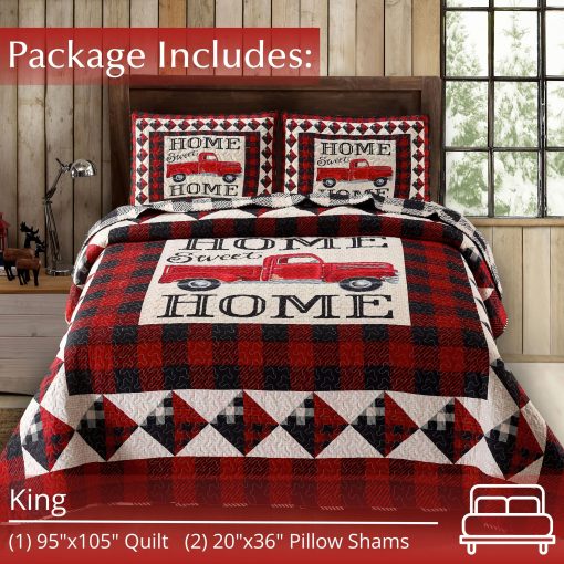 Juego de Cama de Edredon de Cabana de 3 Piezas para Rey - Camion Rojo Strain Home Sweet Home - Rustico Vida Silvestre Pais Reversible Edredon de Campamento con Fundas de Almohada Decorativas, Rojo/Blanco - Imagen 3