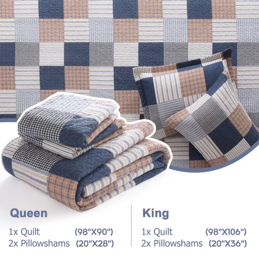 Juego de Edredon King Size Finlonte - Juego de Edredon de Algodon King Size Azul Marino Marron Blanco a Cuadros, Edredon de Estilo Granja Reversible, Colcha Suave y Ligera, Cubrecamas Acolchado para Todas las Estaciones, 3 Piezas - Imagen 5