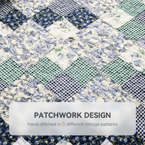 Colcha de Retazos de Algodon Genuino NIUDeCOR HOME Tamano Queen Reversible Azul a Cuadros Floral Juegos de Cama de Colchas de 3 Piezas - Imagen 3