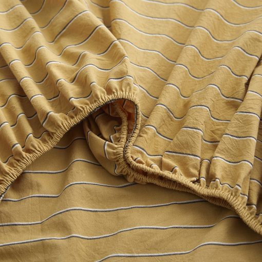 Juego de sabana ajustada de algodon lavado a rayas retro Eikei estilo moderno de mediados de siglo en tono mostaza suave look arrugado cama a juego a rayas relajado (Amarillo mostaza, King) - Imagen 4