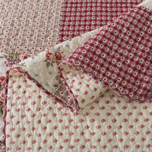 Juego de Colcha de Patchwork de Algodon SLPR Country Roses - Tamaño Queen con 2 Fundas de Almohada, Ropa de Cama Floral de Estilo Frances, Colcha de Granja Roja Acolchada con Patron de Flores - Imagen 6
