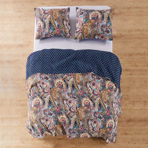 Juego de edredon Levtex Home - Nanette - Edredon King (106 x 92 pulgadas) + Dos fundas de almohada King (36 x 20 pulgadas) - Bohemio Paisley - Azul marino, Verde, Rojo, Oro, Rosa - Reversible - Tela de algodon - Imagen 3