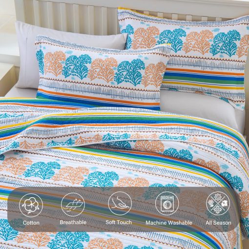 Juego de Colcha Queen Finlonte, Colcha de Algodon Queen Ligera, Diseno de Coral Costero Colchas Tamano Queen, Suave Juego de Cama de Colcha Queen Transpirable y Amigable con la Piel para Todas las Estaciones, 3 Piezas - Imagen 4
