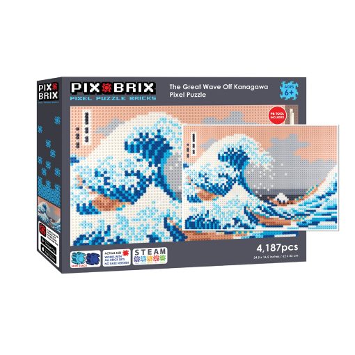 Rompecabezas de arte pixelado Pix Brix - El Gran Ola de Kanagawa Rompecabezas de pixeles, 4,187 piezas - Ladrillos coloridos patentados para recrear esta famosa impresion, crea construcciones sin agua, hierro o pegamento