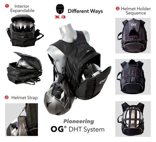 Mochila para motocicleta OG Original EZ-Rider PRO Negra Expandible 28-35L, Bolsa para casco de motocicleta, Correa para casco, Mochilas impermeables para motocicletas para hombres con bolsillo para laptop, Reflectante (Logo blanco) - Imagen 5