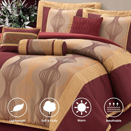 Juego de Edredon LANCO MODERN LIFESTYLE Queen, Vino Oro, 7 Piezas con Sabana, Jacquard Ultra Suave con Piezas Solidas, Juego de Lujo con Edredones, Falda de Cama, Fundas de Almohada y Cojines Decorativos - Imagen 2