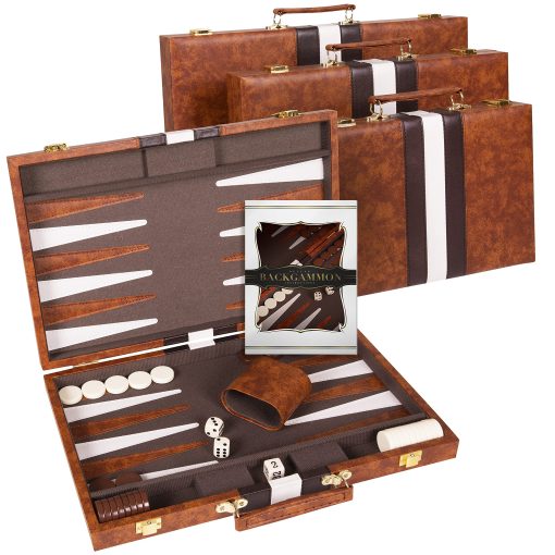 Juego de Backgammon 15 pulgadas, Mediano - Juego de Mesa Clasico para Adultos y Ninos con Estuche de Cuero Premium - Incluye Guia de Estrategia y Consejos (Marron) - Imagen 5