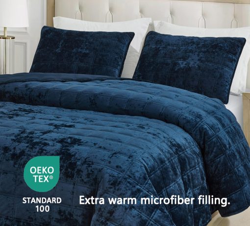 Chezmoi Collection Piers Juego de Edredon de Terciopelo Azul Marino King Extralarge, Set de 3 Piezas de Relleno de Cama Acolchado de Terciopelo Distressed, Ligero para Todas las Estaciones - Microfibra Cepillada Reversible con Doble Puntada Cuadrada - Imagen 3