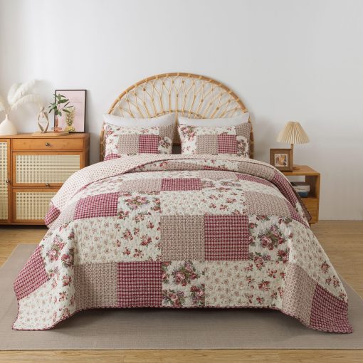 Juego de Colcha de Patchwork de Algodon SLPR Country Roses - Tamaño Queen con 2 Fundas de Almohada, Ropa de Cama Floral de Estilo Frances, Colcha de Granja Roja Acolchada con Patron de Flores - Imagen 2