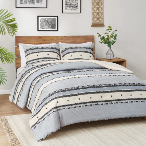 Juego de edredon Hyde Lane Boho Blue King - Conjunto de ropa de cama moderna de granja, tapizado con algodon y rayas jacquard en tonos neutros de estilo rustico recortado, 3 piezas que incluyen fundas de almohada a juego (104x90 pulgadas)