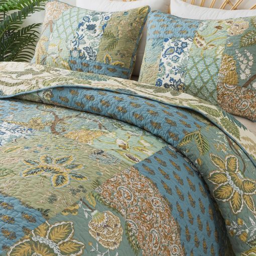 Set de edredon NEWLAKE tamano California King, 100% algodon Patchwork verde, juego de edredones bohemios, colcha reversible ligera y transpirable para todas las estaciones, colcha acolchada suave con 2 fundas de almohada - Imagen 4