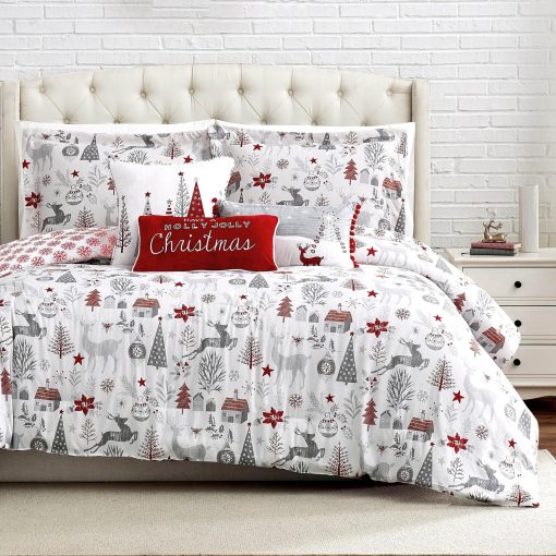 Set de Edredon navideño Southshore Fine Living, tamaño King con Fundas de almohada, Juego de Ropa de Cama navideña, Set de Edredon King/California King de 3 Piezas, arbol de Navidad y Reno Feliz Navidad, Rojo y Blanco
