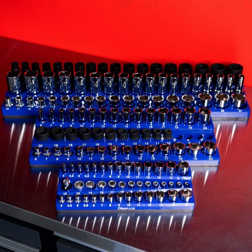 Organizador de enchufes magneticos Olsa Tools | Kit de 3 piezas | 1/2 pulgada, 3/8 pulgada y 1/4 pulgada | Organizadores de enchufes para cajas de herramientas | Azul | Capacidad de 141 enchufes | Organizador de herramientas de grado profesional | Parte 1562 - Imagen 7