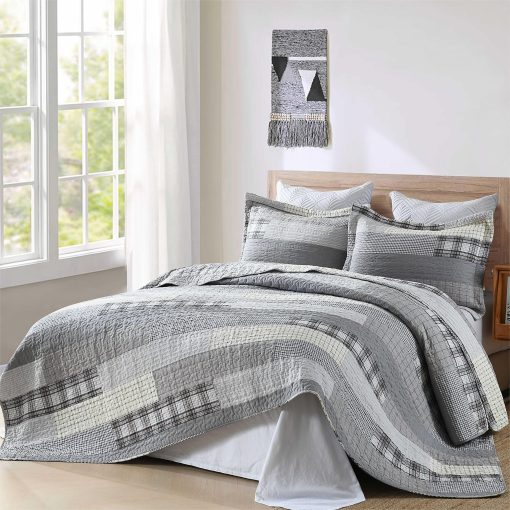 Edredon Queen Size Mescore, Juego de Edredon de Retazos de Algodon 100% Juego de Edredon Reversible y Ligero para Cama Queen Tamaño Completo Cubrecama para Cama Queen Todo el Año, Gris Azul Beige Marron 3 Piezas
