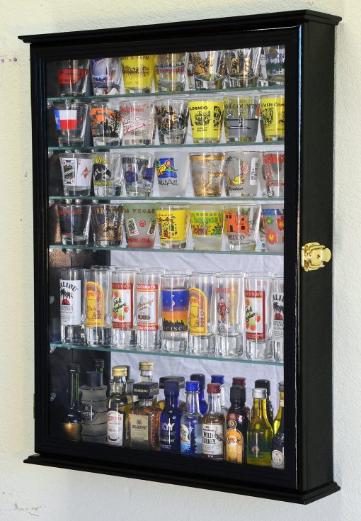 Gabinete exhibidor de vasos de chupito con espejo grande y 7 estantes de vidrio, color negro