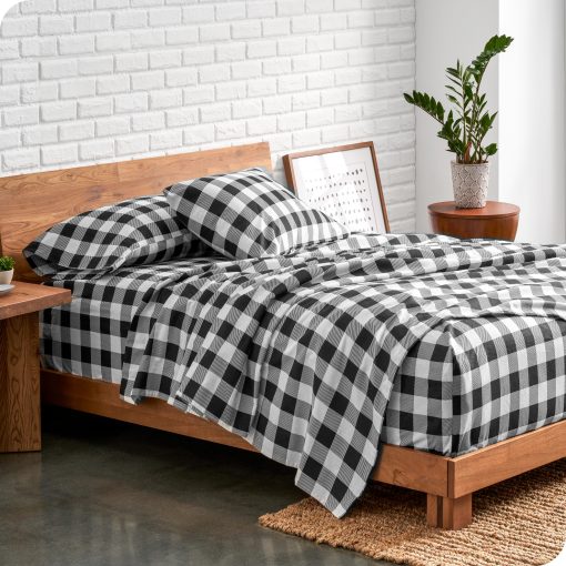 Juego de sabanas de franela estampadas Bare Home, 100% algodon, suave y pesado - Franela de doble cepillado para mayor suavidad y comodidad - Bolsillo profundo - Sabanas para cama (Split King, Buffalo Plaid - Blanco/Negro) - Imagen 2