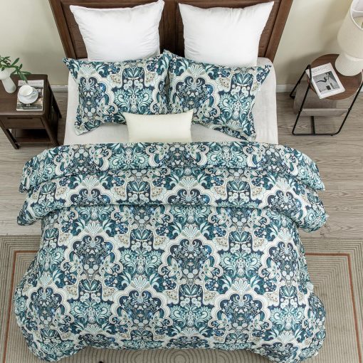 Juego de Edredon Queen Finlonte Damask, Edredon de Algodon 100%, Juego de Cama de Edredon Floral Paisley, Edredon de Lujo etnico Tamano Queen, Edredon Acolchado Suave Ligero Todo el Ano, Azul Marino/Taupe - Imagen 6