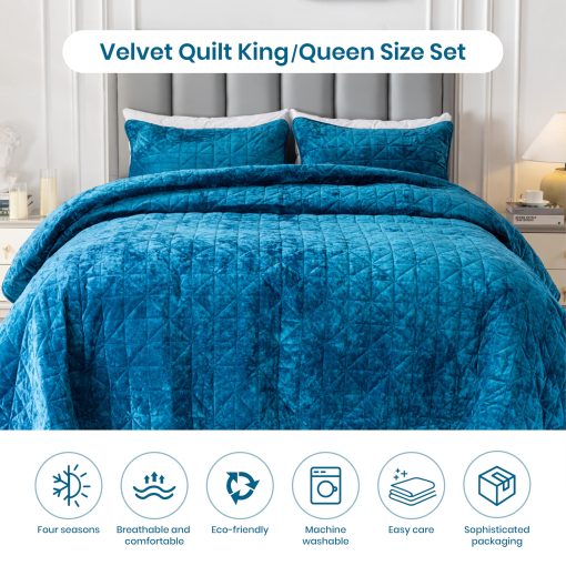 Colcha de Terciopelo XCHAA Tamano King, Manta de Terciopelo 108"x92" con 2 Fundas de Almohadas, Colcha de Lujo de Gran Tamano para Todas las Estaciones (Azul Teal) - Imagen 2