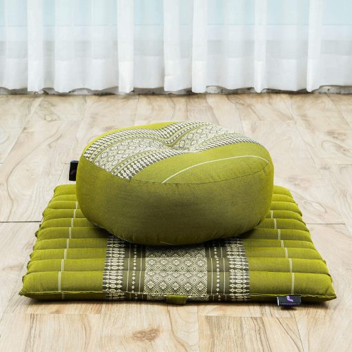 Set de cojin de meditacion Leewadee - 1 Almohada pequeña de yoga Zafu y 1 colchoneta enrollable Zabuton pequeña rellenas de Kapok, Verde - Imagen 6