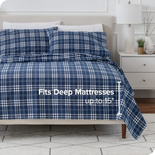 Juego de sabanas de franela Bare Home Prints, 100% algodon, suave y pesado - Franela de doble cepillado para mayor suavidad y comodidad - Bolsillo profundo - Sabanas (Split King, Stirling Plaid - Azul/Blanco) - Imagen 6