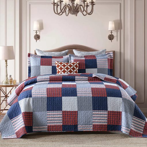 Juego de Colcha Queen Size Finlonte - Juego de Cama de Colcha de Algodon 100% Azul Rojo Blanco Cuadros Granja, Colcha Reversible Ligera Suave, Cubrecama Acolchado para Todas las Estaciones, 3 Piezas