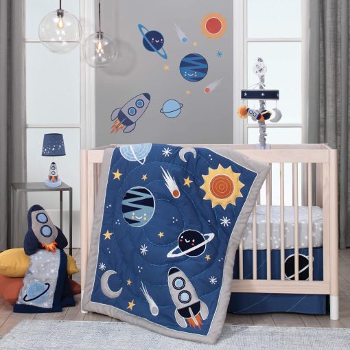 Lampara de guarderia Lambs & Ivy Milky Way azul/plata con cohete y pantalla - Imagen 4