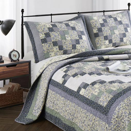 Colcha de Retazos de Algodon Genuino NIUDeCOR HOME Tamano Queen Reversible Azul a Cuadros Floral Juegos de Cama de Colchas de 3 Piezas - Imagen 2