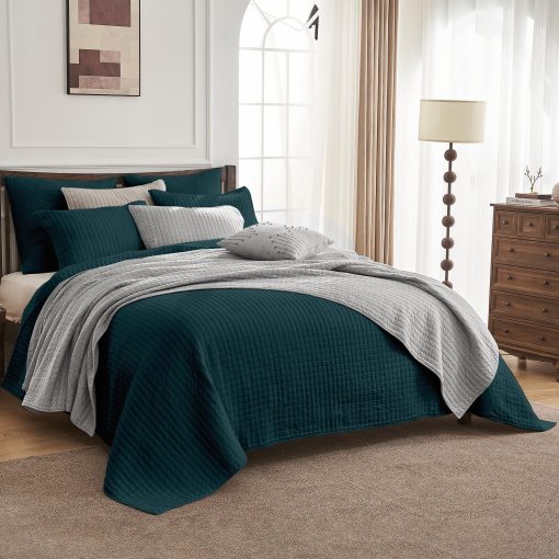 Juego de Cobertor de Jersey de Tela de Algodon 100% con Costura en Canales Reversible para Cama Queen, Incluye 2 Fundas de Almohada Acolchadas, Resistente a las Arrugas, Desvanecimiento y Manchas (Azul Lago)