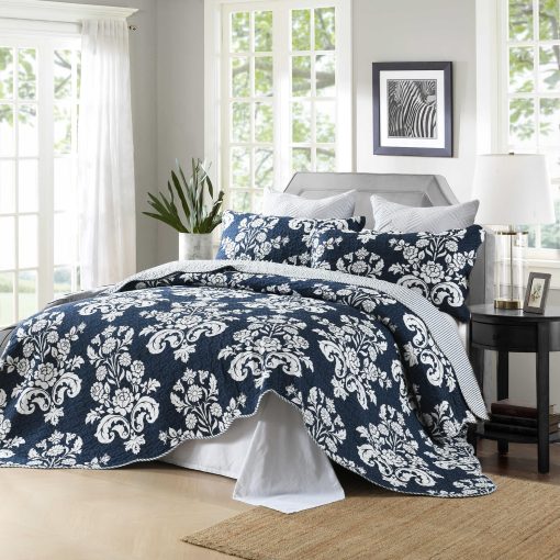Juego de Colcha Qiqiong Queen, Azul Marino 100% Algodon Colcha Floral Acolchada Queen Tamaño Granja Paisley Reversible Juego de Ropa de Cama Ligero Funda de Edredon para Todas las Temporadas, 3 Piezas - Imagen 2