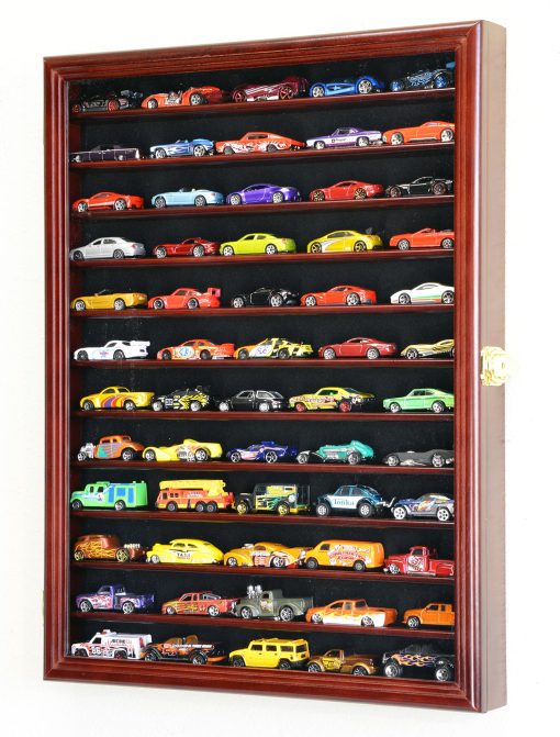 Exhibidor de modelos de coche a escala 1/64 de Hot Wheels y Matchbox con gabinete de pared y puerta UV de 98% - Cerezo