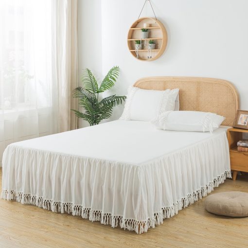 Falda de Cama Suave Cal King Blanco Volantes Borlas Boho Ropa de Cama Bohemia para Ninas 100% Algodon Lavado 1 Falda de Cama + 2 Fundas de Almohada