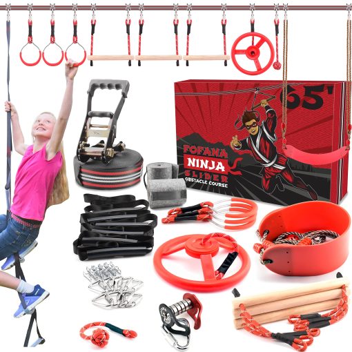 Obstaculo de Ninja mas grande de 65 pies para Ninos al Aire Libre - Incluye Tirolesa Ninja Slider - 11 Obstaculos de Ninja - Escalera de Cuerda, Rueda Giratoria, Anillas de Gimnasia, Barras de Mono, Polea