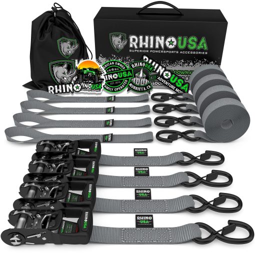 Juego de Correas de Amarre con Trinquete RHINO USA, Resistencia de 5,208 lb - incluye (4) Correas de Trinquete Resistentes con Mangos Acolchados y Ganchos S de Cromoly Recubiertos + (4) Correas de Amarre con Lazos Suaves