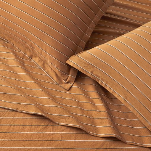 Juego de sabanas ajustables de algodon chambray a rayas retro Eikei estilo moderno de mediados de siglo con sensacion suave y arrugada natural (Cobre, King) - Imagen 6
