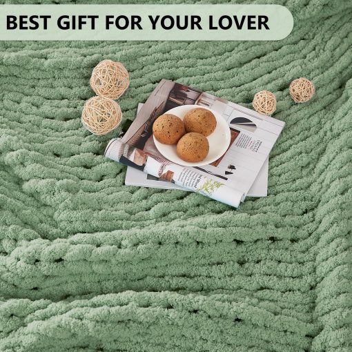 Manta de Punto Grueso L'AGRATY: 80''x90'' Manta de Punto Grueso de Chenille para Cama Sofa - Manta de Punto Grueso Hecha a Mano - Gran Manta de Ganchillo Gruesa para Decoracion del Hogar (Verde Salvia) - Imagen 7