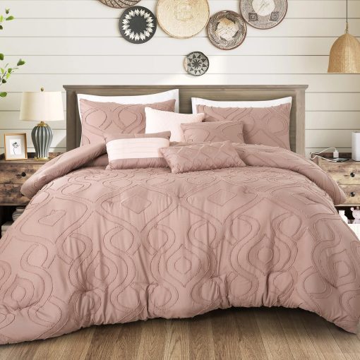 ESCA Juego de Edredon Inara Rosa Rubor de 7 Piezas, Juego de Ropa de Cama Jacquard con Clips - Tamaño King/California King