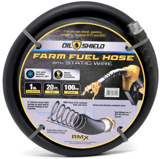 Manguera de transferencia de combustible Oil Shield Next-Gen para granjas - Mas ligera - 2X Resistente a dobleces - Antiestatica - 4 Restrictores de dobleces con agarre de 4 dedos (1" x 20') OSFHONE20