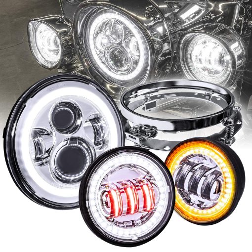 Faro LED de 7"/4.5" para Harley Davidson + Soporte de Montaje [Acabado Cromado] [HALO DRL] [4500/1440 LM] [Plug & Play] para Dyna Electra Glide Road King Softail Fatboy