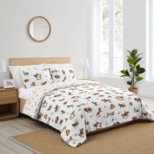 Set de Comforter Queen Sweet Jojo Designs Western Cowboy para Ninos Jovenes y Adultos - Estampado de Vaquero Occidental con Taupe y Blanco - 3 Piezas - Imagen 2